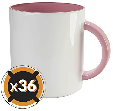 PixColor - 36 Tazze a sublimazione in ceramica bianca con interno rosa | 350 ml di capacità (11 once) | Categoria AAA | Adatte per microonde e lavastoviglie