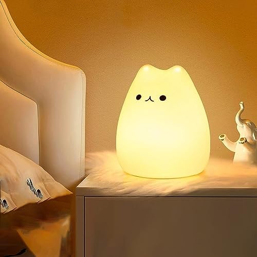 ONEWAY Cat Night Light - Kids Nightlight, Squishy Cute Lamp with Timer & 7 Colors, Rechargeable Bedside Lamp for Toddler & Baby