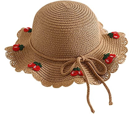 Volicph Sombrero de paja infantil para niña de verano, sombrero de paja suave, sombrero de paja para playa, protección solar, sombrero de viaje, sombrero de paja para bebé, verano, Café de cereza,