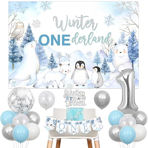 Winter Onederland 1. Geburtstag Dekorationen - Arktische Polartiere Hintergrund, Blau Silber Ballon, Kuchen Topper, Hochstuhl Banner Folienballon für Jungen Mädchen
