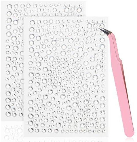 3/4/5 mm 646pcs Face Rhinestone Stick on, with Tweezers Round Sticky Facial Gems Crystals Jewels Diamonds Stickers Makeup Festival Hair Body Eye Gemstones Decorations for Crafts Nails (Silver)