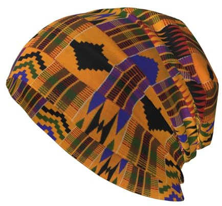 RAXER Afrikanische gewebte Beanie-Mütze für Damen und Herren, bedruckt, bequem, atmungsaktiv, weich, warm, gestrickt, Baumwolle, Schwarz, Schwarz , One size