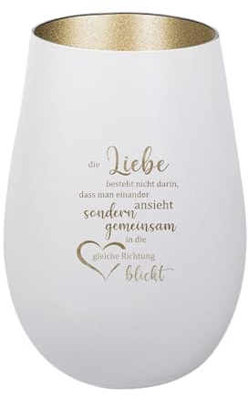 Der-Porzellan-Laden Windlicht mit Gravur Weiß Gold Teelichthalter aus Glas | Liebe besteht Nicht Darin, mit Spruch, Tischdeko modern