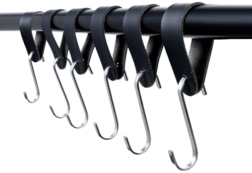 Sumotia 6er Set S Haken Mit Lederschlaufe - Schwarz - Garderobenhaken Campinghaken, Mehrzweckhaken für Geschirr Laterne Garderobe Kleiderstange Küche