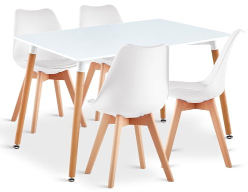 LEPTIS MAGNA Dining Table and Chairs Set 4 - Dining Table and Chairs - Set of Kitchen Table and 4 Soft Padded Seat Wooden Legs - Modern and Contemporary Dining Room Sets