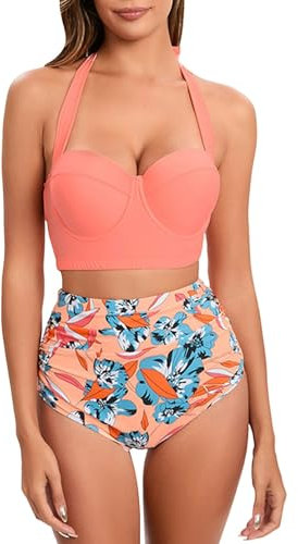 Generic Women High Waisted Vintage Swimsuit High Waisted Bikini Set Two Piece Vintage Swimsuit Bikini with Bottom (0212A-Rose Gold, XL)