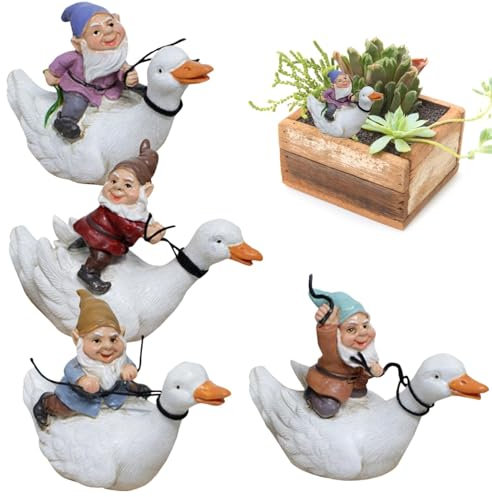 Décoration d'intérieur, nain de jardin, nain de jardin, extérieur, 4 pièces assis sur un canard, nain vintage, décoration d'intérieur, statue de nain nain