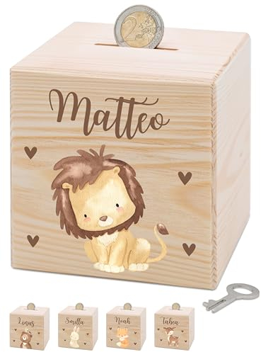 Bärenfreunde® - Personalisierte Spardose Kinder aus Holz mit Metallschloss - Spardose mit Namen mit kinderfreundlichem UV-Druck zum Sparen für Kinderträume (Löwe)