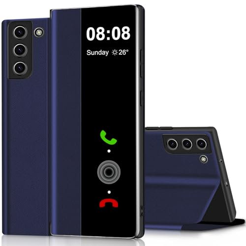 Nshkeji Handyhülle für Samsung Galaxy S24 5G, Clear View Touchscreen View Flip Case mit Ständer, Extra-Dünn Leder Schutzhülle, Blau