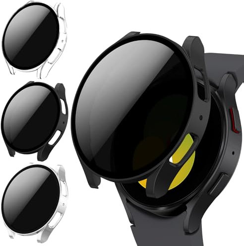 Kamita [3Pezzi] Custodia per Samsung Galaxy Watch 4/5 44mm con Protezione Dello Schermo in Vetro Temperato per la Privacy, PC Bumper Case Anti-spia Custodie per Watch4 Watch5 (Chiaro+Nero+Argento)