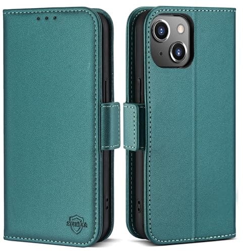 STAWLKA Wallet Case for iPhone 13 (6.1), RFID Blocking Card Holder Kickstand Magnetic Closure Flip Folio PU Leather Cover Shockproof Protective Phone Case for iPhone 13 - Dark Green