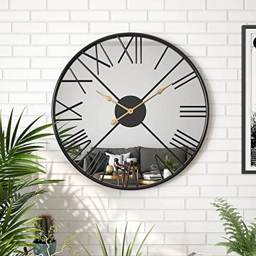 20inch Large Modern Mirror Wall Clock for Living Room,Decorative Metal Roman Numeral Big Clock Home Decor Silent Non Ticking Mirrored 50CM Wall Clocks for Kitchen, Bedroom, Study,Black Decoration