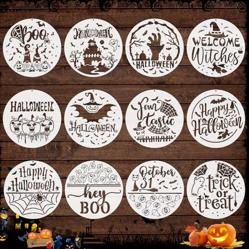 OOTSR 12 Stk Halloween-Schablonen zum Basteln, 30,5cm Runde Zeichnung Malschablonen DIY Schablonen der Halloween, Kunststoff Zeichenvorlagen für Holzschild Leinwand Deko