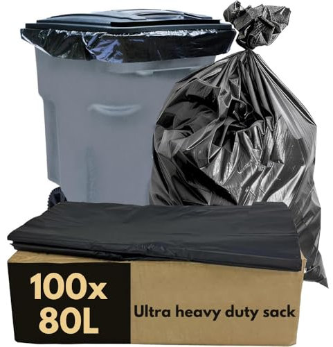 Clearly 100 Packs Rubble Sacks Heavy Duty, 48 Micron Strong Black Bin Bags for Wheelie Bins, 80L Bin Liners Bin Bags for Compost, Rubbish and More, Large Recyclable Rubbish Bags