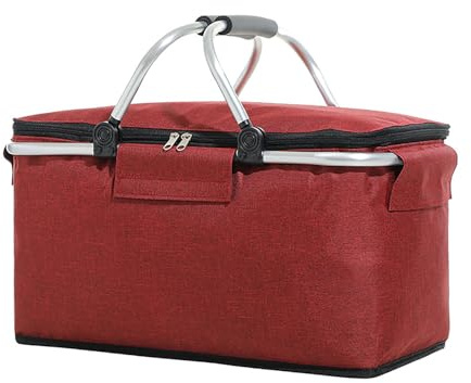 Generic Faltbarer Picknickkorb, Einkaufskorb aus Oxford-Stoff, verdickte Aluminiumfolie, isolierter Korb, multifunktionaler Outdoor-Eisbeutel, Picknick, Camping, Lebensmittel-, Obst-Isolierkorb, rot