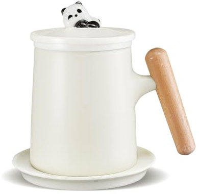 ZENS Tea Mug with Infuser and Lid for Loose Leaf Tea Steeper, 11.8 oz Porelain Tea Cup for Hot Tea Diffusers, Wood Handle Tea Cup with Strainers and Coaster for Tea Lovers Gifts, White
