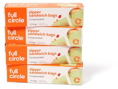 Full Circle Kompostierbare Reißverschlussbeutel - Sandwichgröße, 100ct, 4 Boxen à 25 Stück - pflanzlich & plastikfrei, ohne Mikroplastik, auslaufsicher, wiederverschließbare lebensmittelechte Beutel