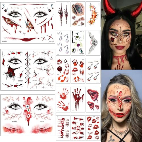 AEYAKA Temporaire Tatouages,Scars Temporaire Tatouages Halloween Zombie Scars Tatouages Autocollants Fausse Plaie Sang Spécial Accessoires De Maquillage du Corps Cosplay (Scars-7)
