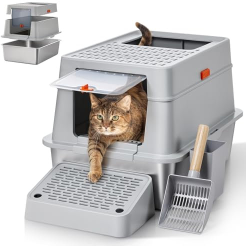 The Fellie Edelstahl Katzenklo mit Deckel, XXL Katzenklo Edelstahl mit Schaufel & Pedals, Geruchsresistent, Groß Katzentoilette für Katzen, Leicht zu Reinigen, Nicht klebrig Metal Katzentoilette, Grau