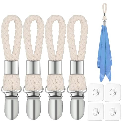 WOLMIK 4 Pcs Hanging Tea Towels Clip, Metal Kitchen Towels Clips with Hanging Loop Cloth Hook Clip Hangers for Home Kitchen Bathroom Cupboards Cloth Hanger Holder Brackets-Braided Cotton Loop