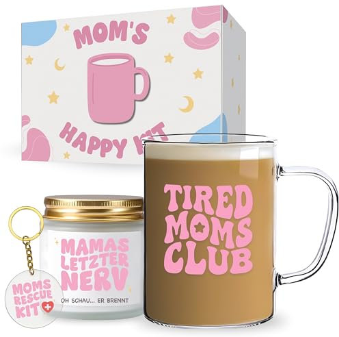 Mama Geschenk Tired Moms Club - Lustige Geschenkidee mit Mama Tasse, Mamas letzter Nerv Kerze und Schlüsselanhänger | Besonderes Geschenk Mutter zum Geburtstag oder Muttertag