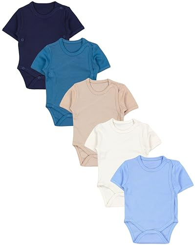 TupTam Baby Body Kurzarm Jungen – Wickelbody Kurzarm aus Baumwolle im 5er Set – OEKO-TEX Zertifiziert, Farbe: Beige Hellbeige Petrolgrün Jeansblau Dunkelblau, Größe: 80