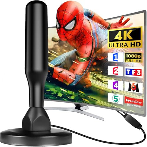 Antenna TV Interna 2025 Antenna TV Interna Amplificata Potente, Terrestre con 450 km di Ricezione con Base Magnetica, Amplificatore di Segnale Support 4K HD/1080P per HDTV