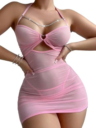 PITINAN Sexy Lingerie Catena Sheer Mesh Bodycon Mini Night Out Club Dress, Rosa chiaro, S