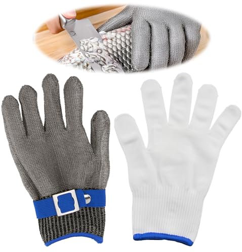 unillea Schnittschutzhandschuh L mit Baumwoll-Innenhandschuh, Edelstahl Draht Level 9 Arbeitshandschuh, Schnittfester Handschuh für Küche, Fleischverarbeitung, Austern, Holzarbeit