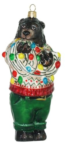 Glas Christbaumschmuck mundgeblasen handbemalt in Europa | Weihnachtsbaum Anhänger für Weihnachten | Christbaumanhänger | Weihnachtsbaumschmuck (Bär mit Weihnachtsschmuck)