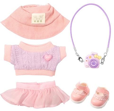 Puppenkleidung für 15/17 cm Puppen,5 Stück Plüsch Puppen Kleidung und Zubehör,Mode Outfits Set enthalten Pullover Rock Casual Hut Kamera Schuhe für Geburtstag Urlaub Geschenk Mädchen(Rosa)