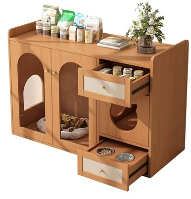Katzenschrank Katzenklo Schrank Katzenhaus mit 2 Glastüren und 2 Schubladen, Katzentoilette Sideboard für Flur, Wohnzimmer, Schlafzimmer, 120×45×83cm, Nussbaum, ohne Katzenklo & Katzenkissen