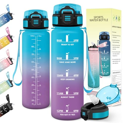Baramumu Trinkflasche 1l, mit strohhalm, Trinkflasche Kohlensäure Geeignet, Mit Zeitstempel, Wasserflasche, Auslaufsicher, Flasche, Wasserflasche 1l, für Fahrrad, Outdoor, Fitness, Blau-Violett