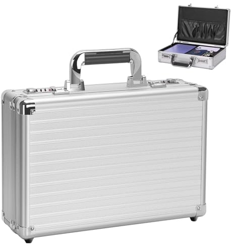 LOCKCURX Locking File Storage Box, Metal Briefcase with Dual Code Locks | 14.9 x 10.6 x 4.3 Inch Portable Secure Document Organizer for Home Office Travel Business, Silver