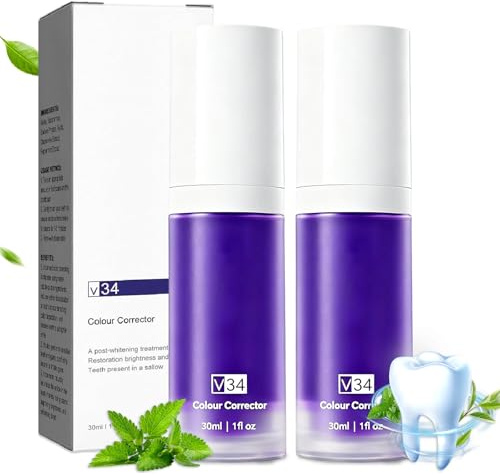 2 Flasche 30ml V34 Purple Teeth Whitening Toothpaste, Lila Farbkorrektor Für Die Zahnreinigung, Purple Whitening Zahnpasta,Für Zahnfleckenentfernung Und Farbkorrektur