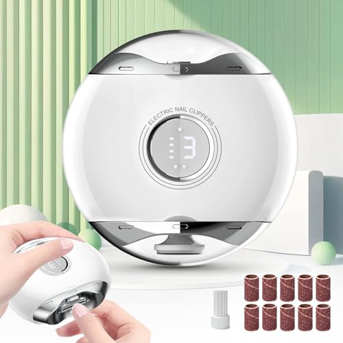 AsBellt Electric Nail Clipper – 3-in-1 Trimmer, Polisher & Exfoliator, with LED Light & 3 Speeds, Rechargeable, Safety Fingernail Cutter with Built-in Nail Scrap Storage for Baby, Seniors & Adults