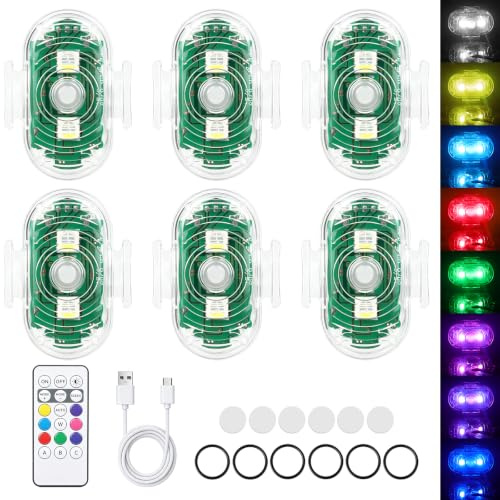 FENYW 6 Pezzi Luci Stroboscopiche Drone LED, 8 Colori Ricarica USB Lmpermeabile Luce a LED, Luci Stroboscopiche Senza Fili con Telecomando, Ricaricabili USB Strobe Drone Light per Motocicletta