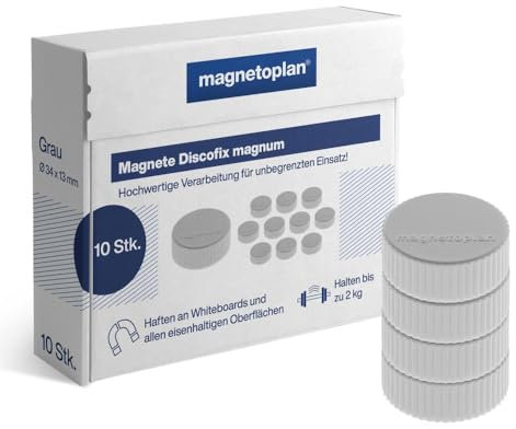magnetoplan Premium Magnete Discofix magnum | ØxH 34x13mm | 10 Stück, grau | Haftkraft: 2 kg | Magnete für Magnettafeln und Whiteboards | Kratzfreie Spezialbeschichtung | Leicht abnehmbar