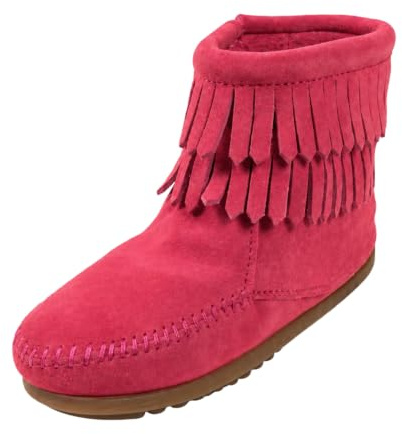 Minnetonka Double Fringe Side Zip Boot, Mädchen Kurzschaft Mokassin Boots, Pink (Hot Pink / PINK), 26 EU