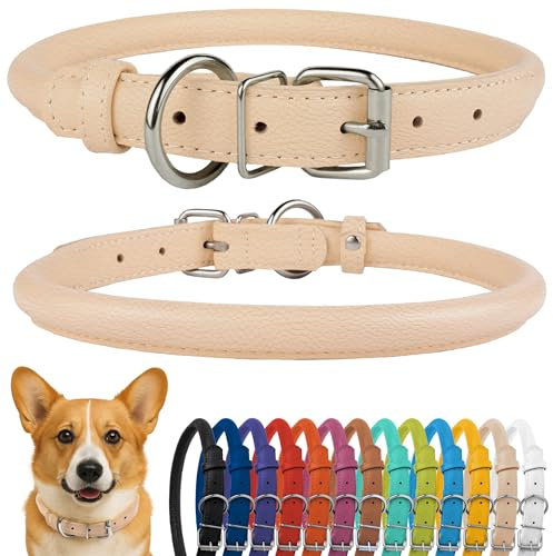 CollarDirect Collier pour Chien en Cuir Roulé, pour Chiot Rond Rembourré Doux, Fait à la Main pour Petit Grand Chat - 13 Couleurs (30-35 cm, Texturé Beige)