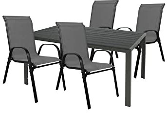 Mojawo Hochwertige Gartengarnitur 5-teilig Gartentisch 180x90cm Anthrazit WPC Grau + 4 Stapelstühle Textilen Anthrazit Gartenmöbel