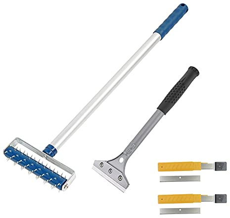 Tapetenentferner Set: Stachelwalze bis 104cm Nagelroller + Tapetenschaber + 20 Klingen Igelwalze Tapetenigel zum Perforieren Stachelroller Entlüftungswalze Tapetenlöser