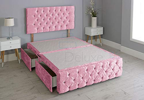 Crushed Velvet Chesterfield Divan Bed with Matching Footboard - Base Only No Mattress Include (Pink, 2FT6-0 Drawers)