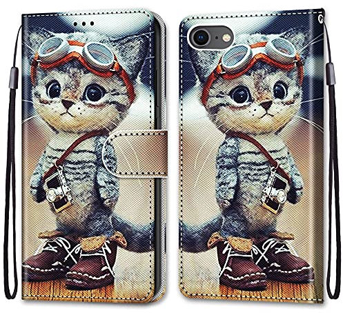 nancencen Kompatibel mit iPhone 7 / iPhone 8 / iPhone SE 2020 Handyhülle, Flip Cover Schutzhülle (Anti-Fall) Kartenschlitz Portemonnaie Stil - Kamera Kätzchen