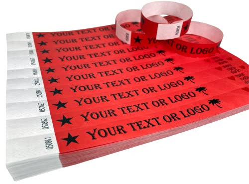 Wrist Magic Studio 100 Bracelets Rouge Bracelets en Tyvek imprimés avec votre texte personnalisé pour les événements, festivals, pièces d'identité, etc.