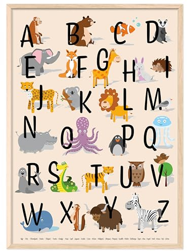 kizibi® ABC Poster DIN A2 mit Rahmen für Kinderzimmer, Alphabet Poster für Mädchen und Jungen, Buchstaben zum Lernen, Tier Lernposter mit Buchstaben auf deutsch | Vorschule oder Grundschule