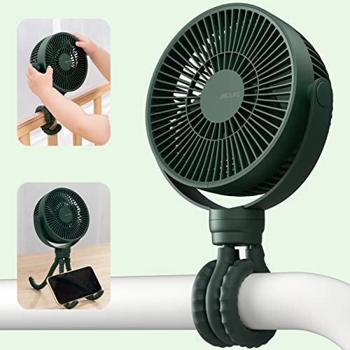 JISULIFE Ventilador Cochecito, Ventilador Trípode Flexible【4000 mAh】a Pilas con 4 Velocidades, Ventilador Personal Portátil, Ventilador de Mano Giratorio de 720° Para Cochecito, Cunas, Asiento -Verde