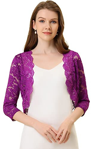 Allegra K Boléro Femme Élégant en Dentelle Floral à 3/4 Manches Cardigan Transparent à Haussement d'Épaule Boléro pour Mariage et Fête Gilet Court Léger Devant Ouvert Rose Violet M