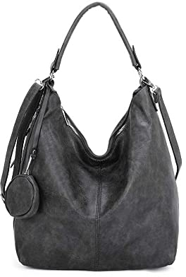 OBC Damen Tasche Shopper Hobo-Bag Schultertasche Umhängetasche Handtasche Damentasche Reisetasche Beuteltasche Leder Optik Dunkelgrau