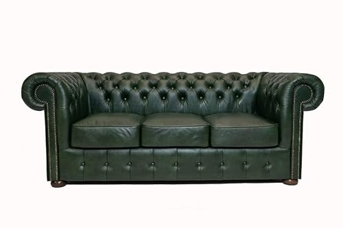 Chesterfield 3-Sitzer Sofa Class | 100% Leder, handgefertigt, Original Chesterfield | Breite 200 cm | Cloudy Grün